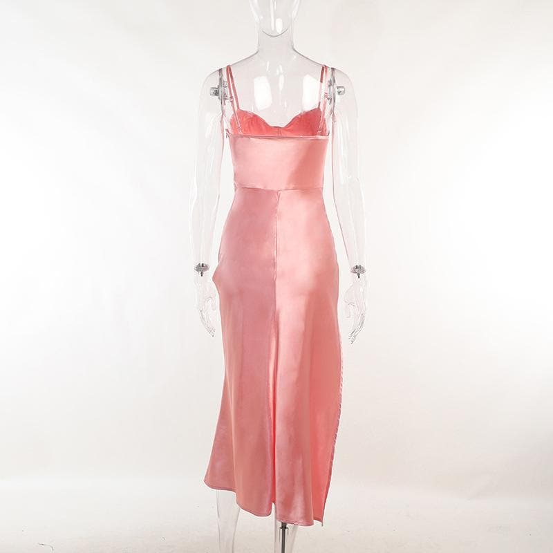 Cowl Neck Spaghetti Strap Corset Bodice Side Ruched Slit Satin Midi Dress