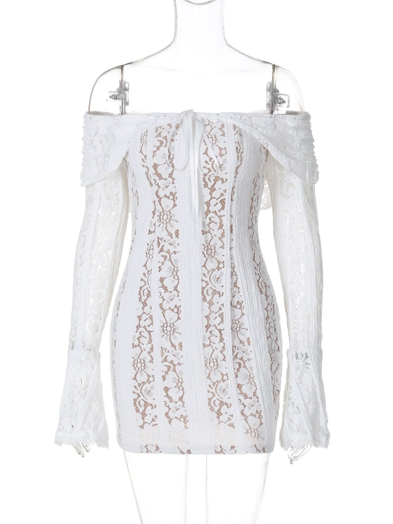 Off shoulder long sleeve lace bowknot mini dress