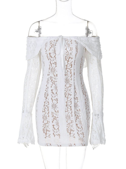 Off shoulder long sleeve lace bowknot mini dress