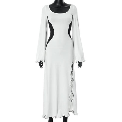 Long flared sleeve u neck slit ruffle maxi dress