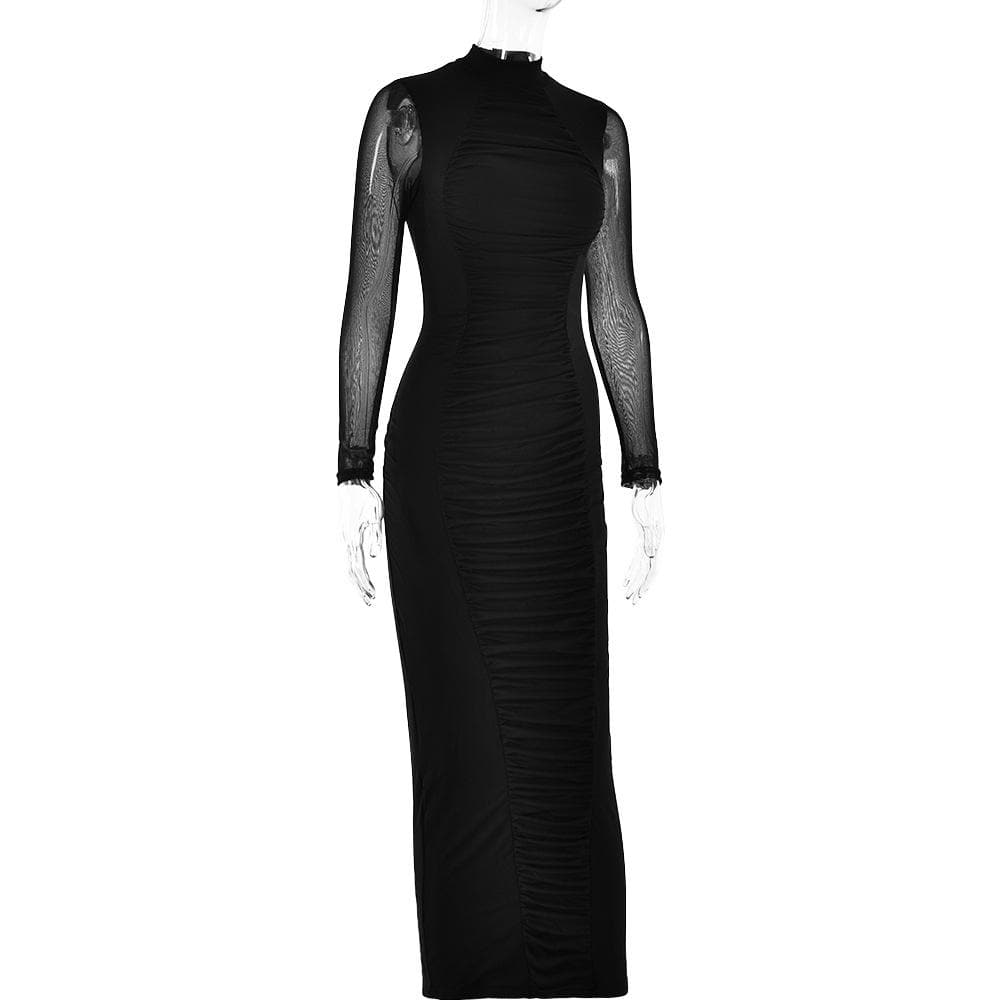Long sleeve ruched mesh patchwork maxi dress