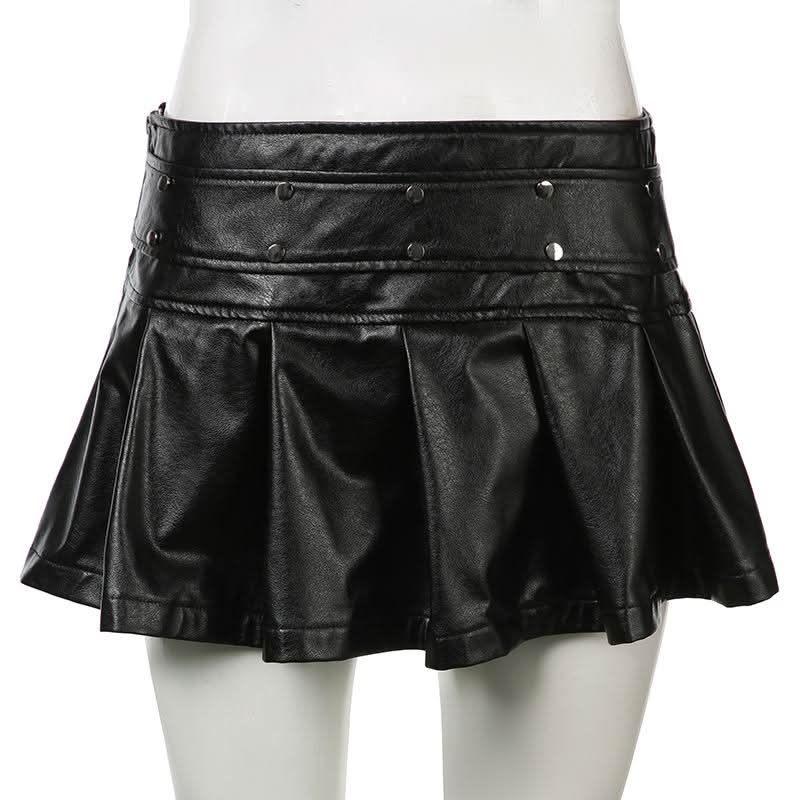 PU leather rivet zip-up pleated mini skirt