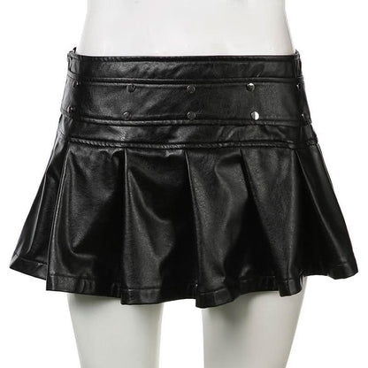 PU leather rivet zip-up pleated mini skirt