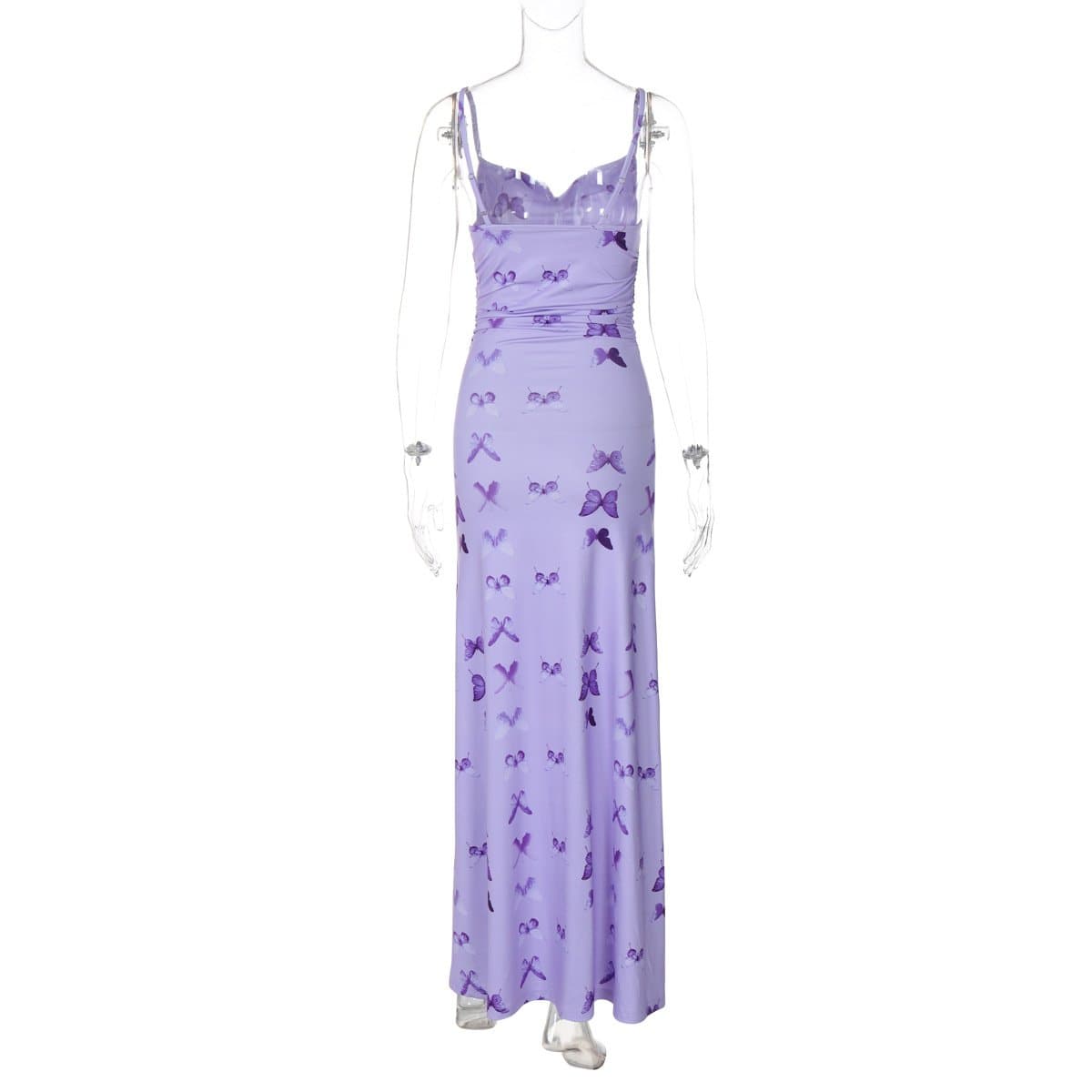 Butterfly print ruched cami maxi dress