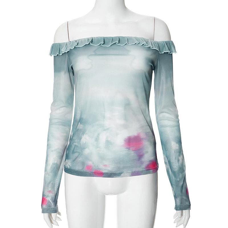 Long sleeve off shoulder tie dye ruffle sheer mesh top