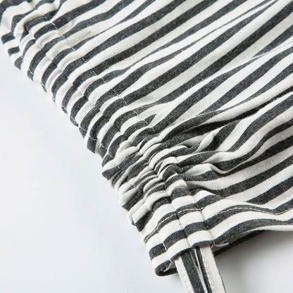 Long sleeve round neck striped drawstring top