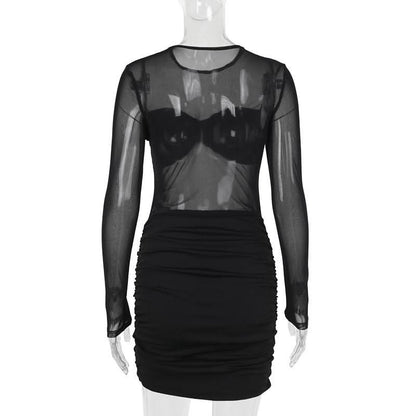 Long sleeve mesh patchwork ruched mini dress