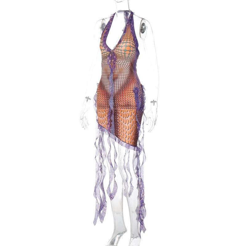 Deep V neck ruffle body print irregular mini dress