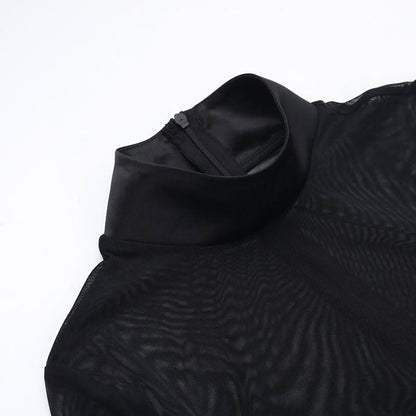 Long sleeve high neck zip-up mesh patchwork mini dress