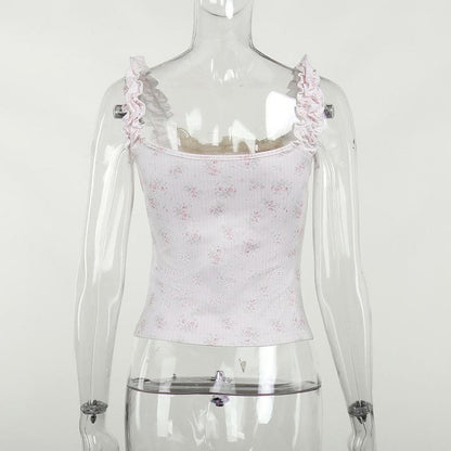 Flower print contrast sleeveless lace hem ruched top