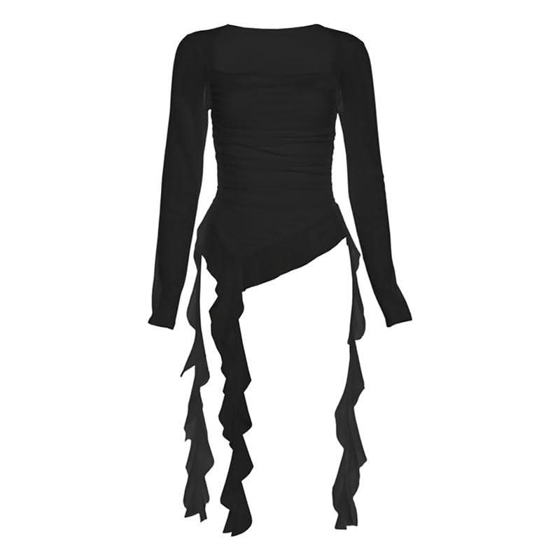 Long sleeve square neck irregular ruched mesh top