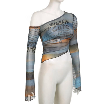 Sheer mesh see through off shoulder flared sleeve irregular contrast crop top