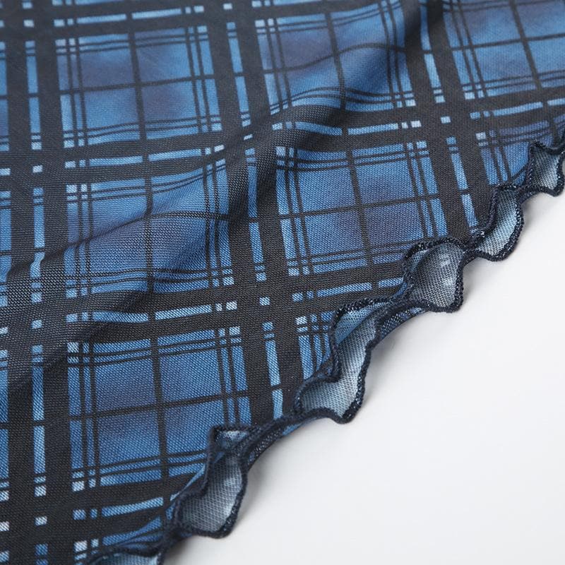 Bowknot mesh ruffle print plaid maxi skirt