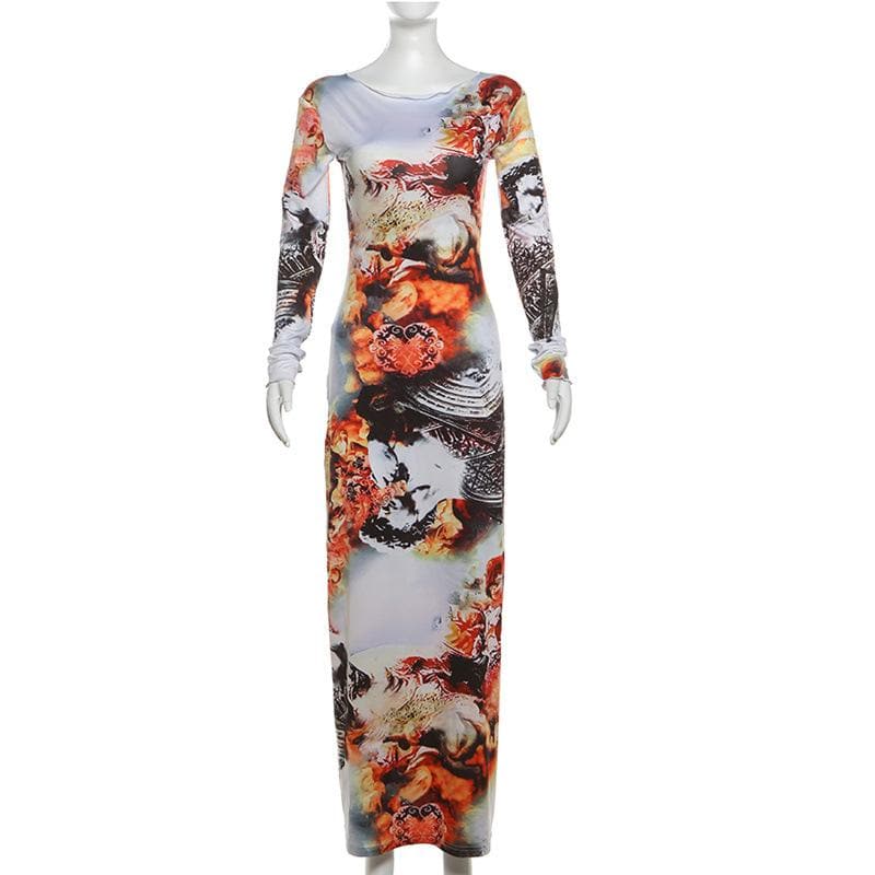 Long sleeve crewneck print ruffle contrast maxi dress