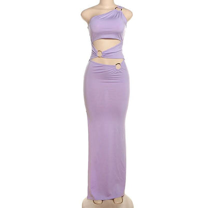 One shoulder o ring hollow out slit cut out maxi dress