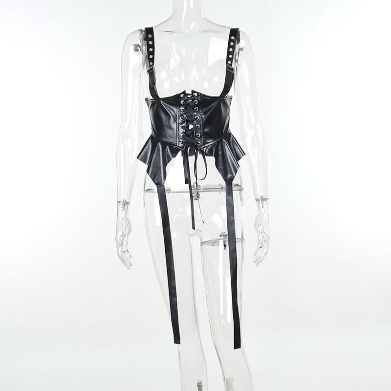 Pu leather lace up ruffle buckle cami top