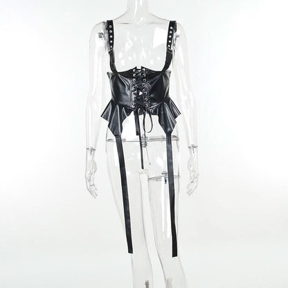Pu leather lace up ruffle buckle cami top