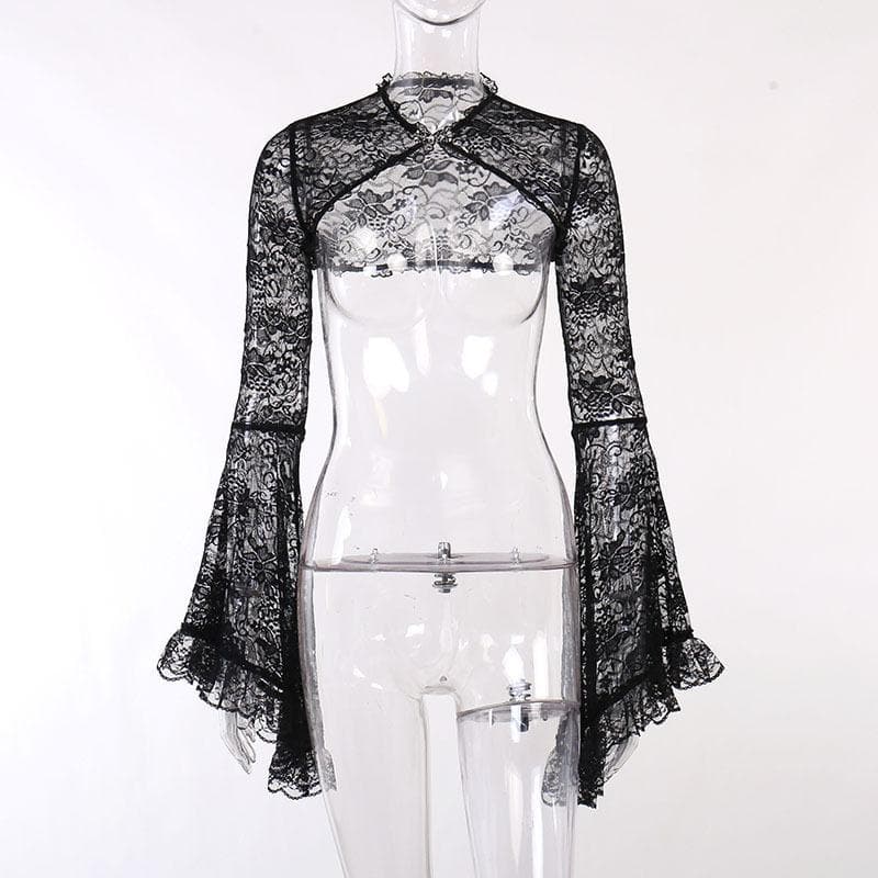 Solid flared sleeve lace hem button hollow out shrug cut out top