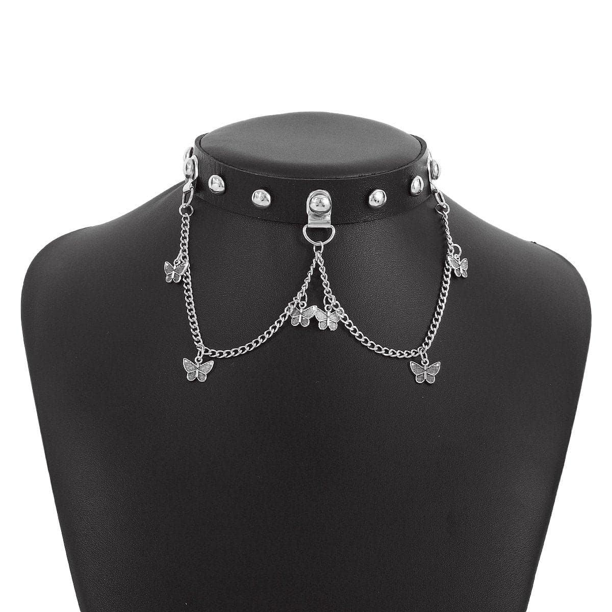 PU leather layered pendant chain choker necklace