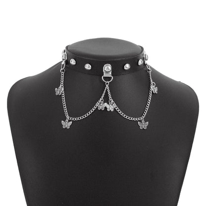 PU leather layered pendant chain choker necklace