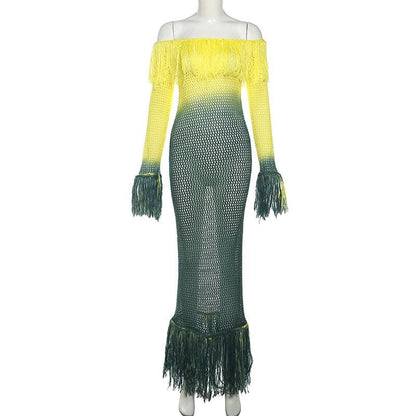 Crochet tassels off shoulder contrast long sleeve maxi dress-final-sale