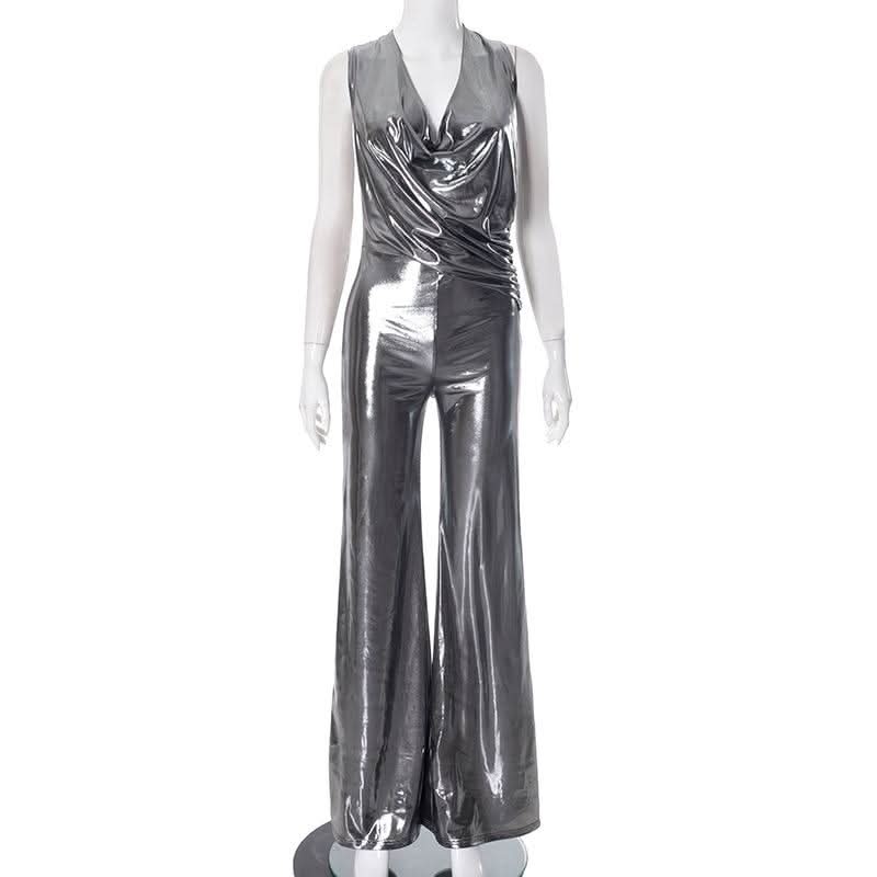 Metallic ruched halter self tie cowl neck jumpsuit