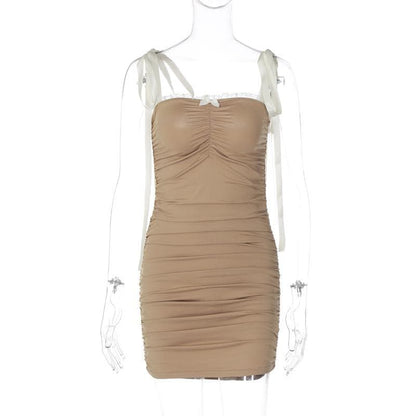Ruched lace hem self tie square neck backless mini dress