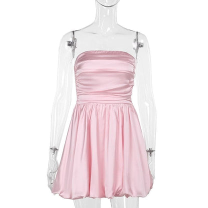 Ruched smocked solid backless tube mini dress