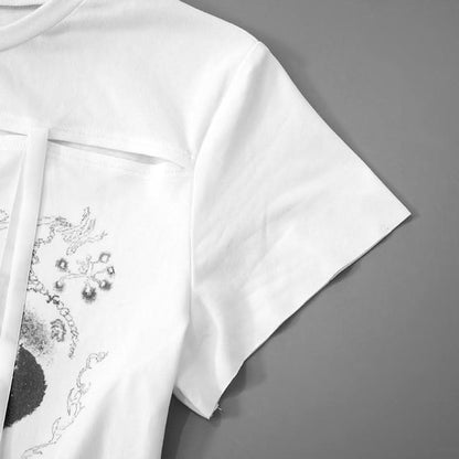 Hollow out crewneck short sleeve self tie print cut out top