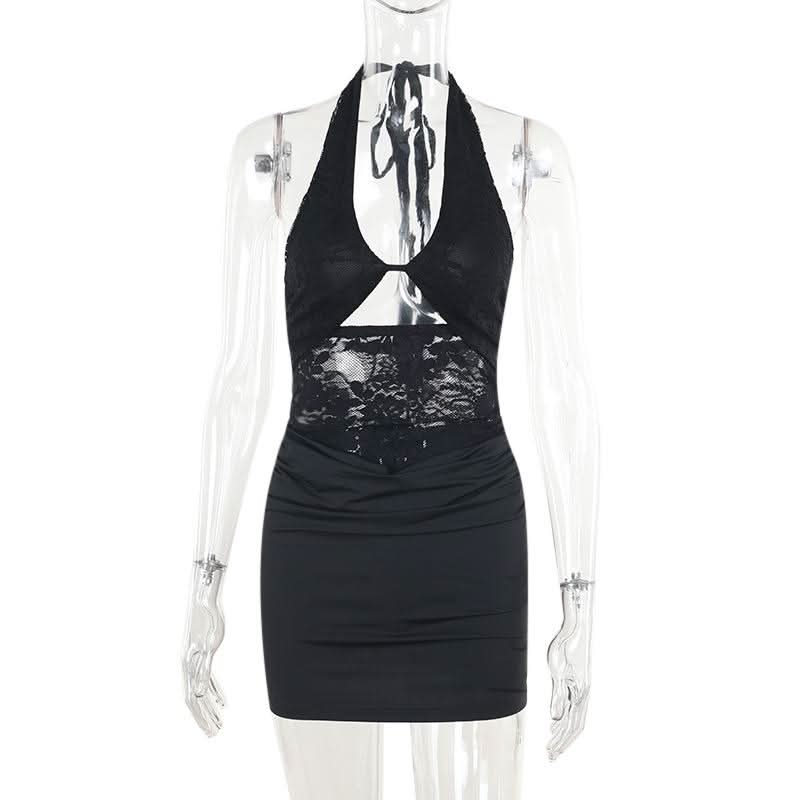 Halter self tie hollow out lace ruched cut out mini dress