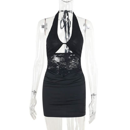 Halter self tie hollow out lace ruched cut out mini dress