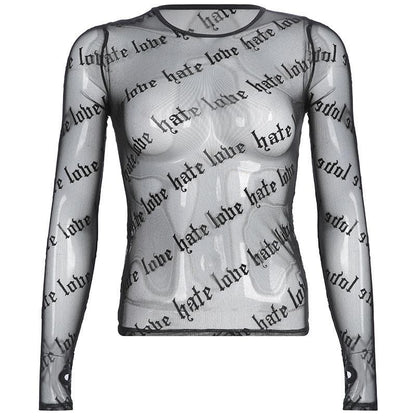 Sheer mesh "hate love" print see through solid long sleeve gloves top