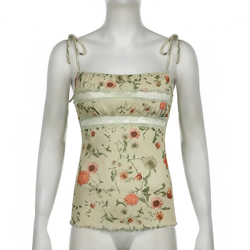 Lace hem flower print ruffle cami top