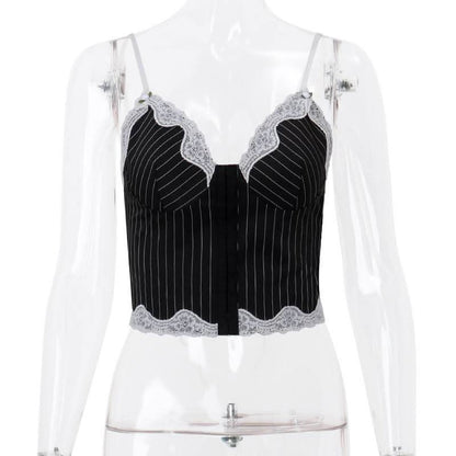 Striped lace hem stitch lace up cami top