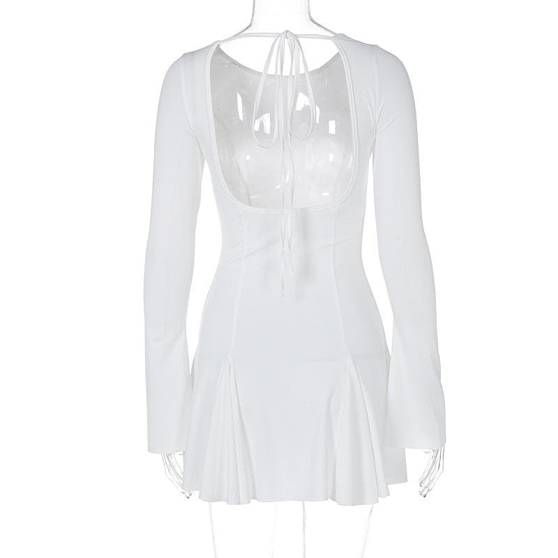 Long Sleeve Princess Seam Crisscross Back Tie Pleated Skater Mini Dress