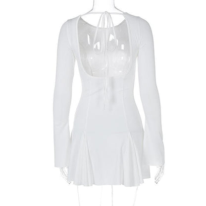 Long Sleeve Princess Seam Crisscross Back Tie Pleated Skater Mini Dress