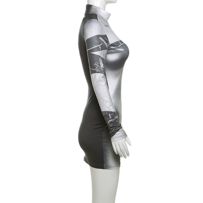 Long sleeve body print high neck mini dress