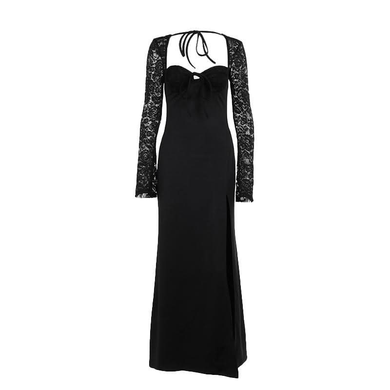 Sweetheart neck long sleeve self tie slit maxi dress