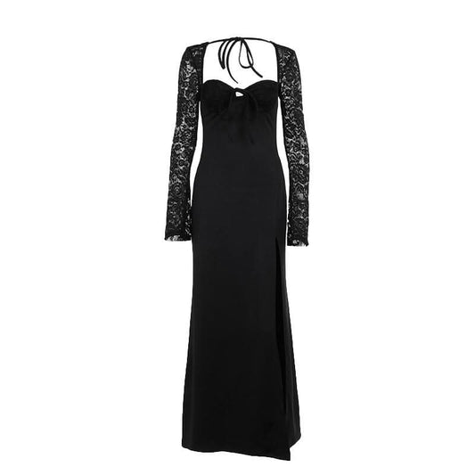 Sweetheart neck long sleeve self tie slit maxi dress