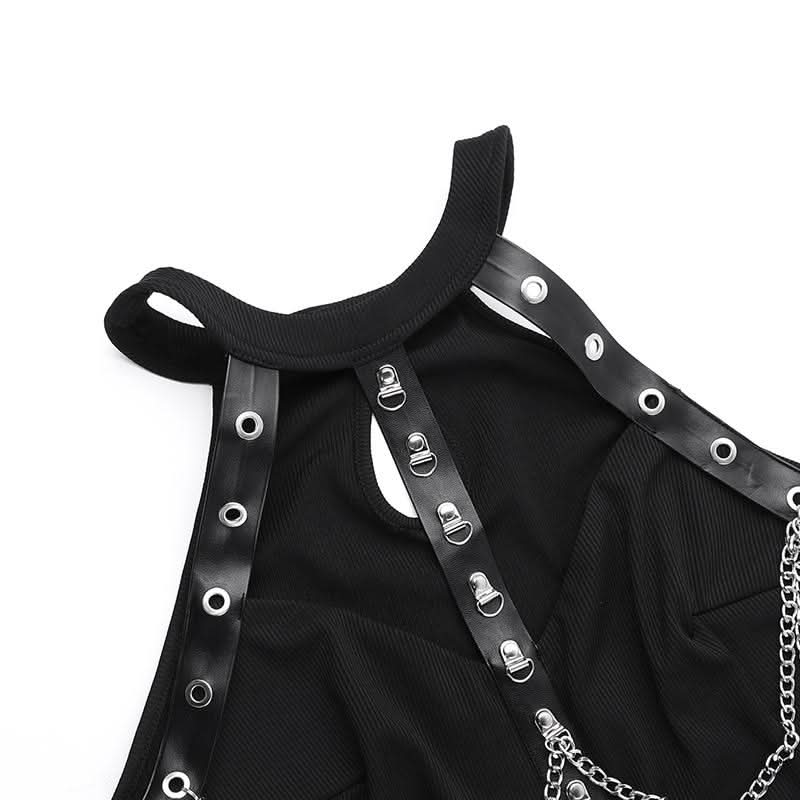 Hollow out metal chain crewneck ribbed cut out midi dress