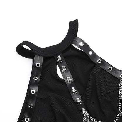 Hollow out metal chain crewneck ribbed cut out midi dress