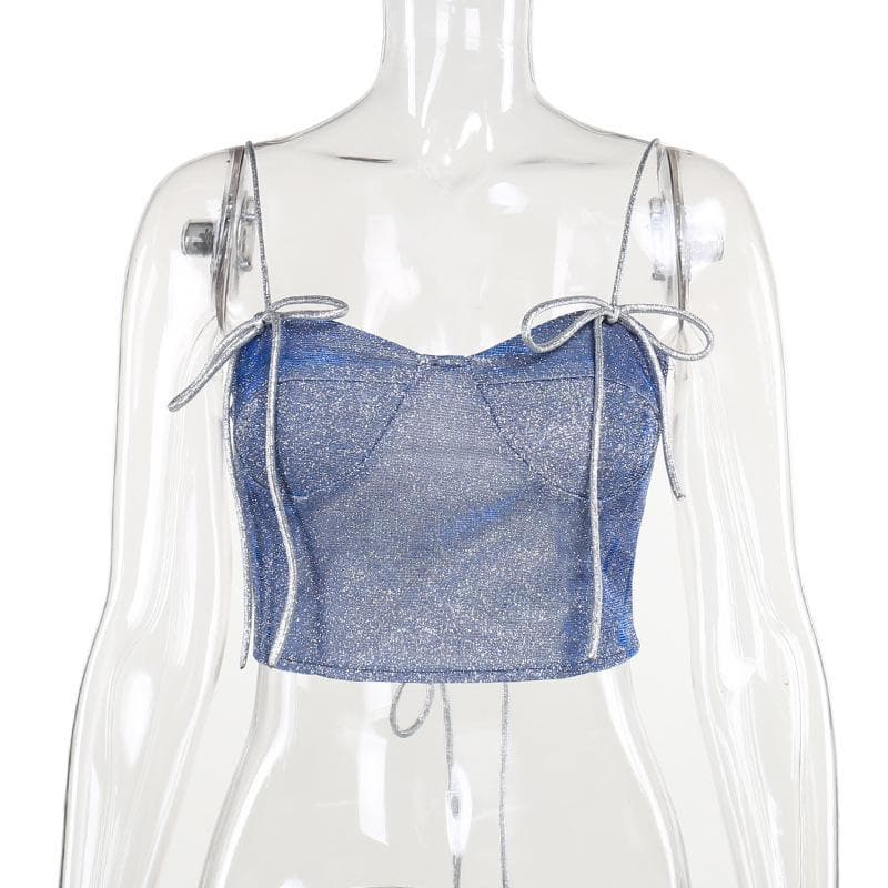 Sweetheart neck glitter stitch backless cami top