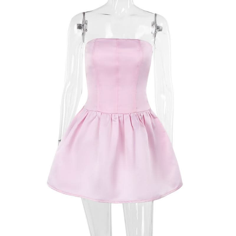Smocked ruched satin solid tube mini dress