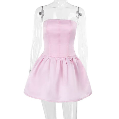 Smocked ruched satin solid tube mini dress