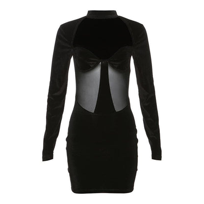 Long sleeve high neck velvet patchwork mesh mini dress