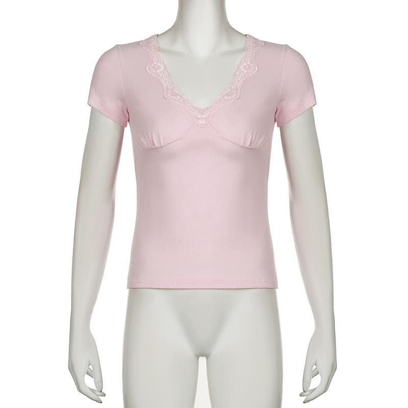 Short sleeve v neck ruched lace hem top