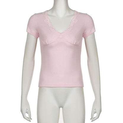 Short sleeve v neck ruched lace hem top