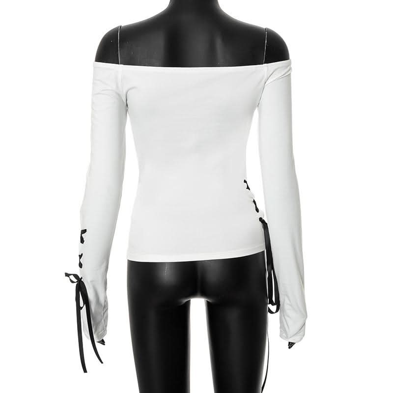 Hollow out long sleeve off shoulder self tie cut out top