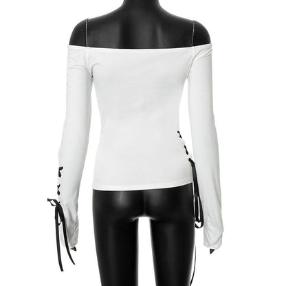 Hollow out long sleeve off shoulder self tie cut out top
