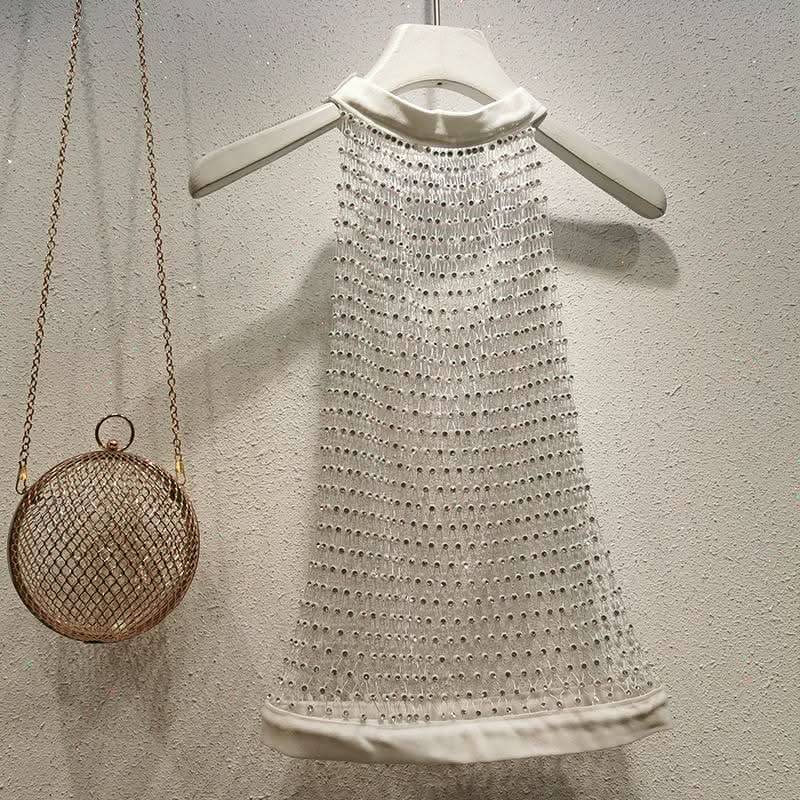 Crewneck hollow out see through beaded button cut out top